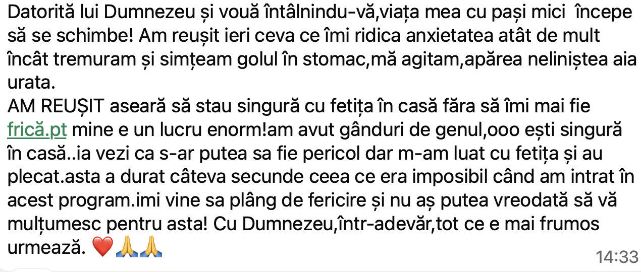 Mărturie WhatsApp de la o participantă în program (numele ascuns pentru confidențialitate)