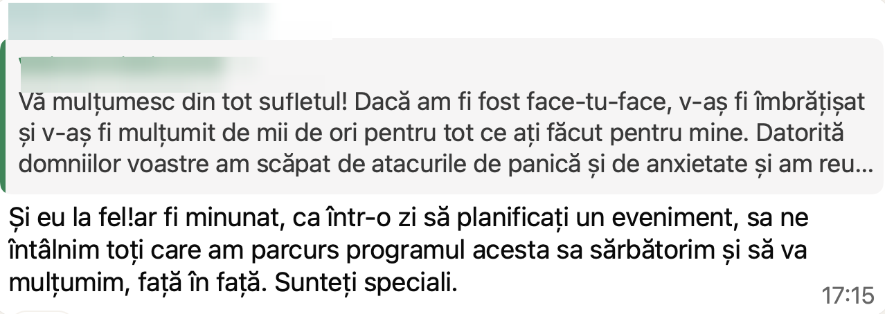 Mărturie WhatsApp de la o participantă în program (numele ascuns pentru confidențialitate)