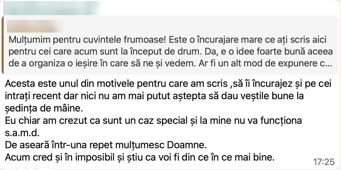 Mărturie WhatsApp de la o participantă în program (numele ascuns pentru confidențialitate)