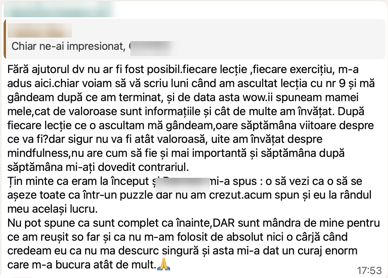 Mărturie WhatsApp de la o participantă în program (numele ascuns pentru confidențialitate)